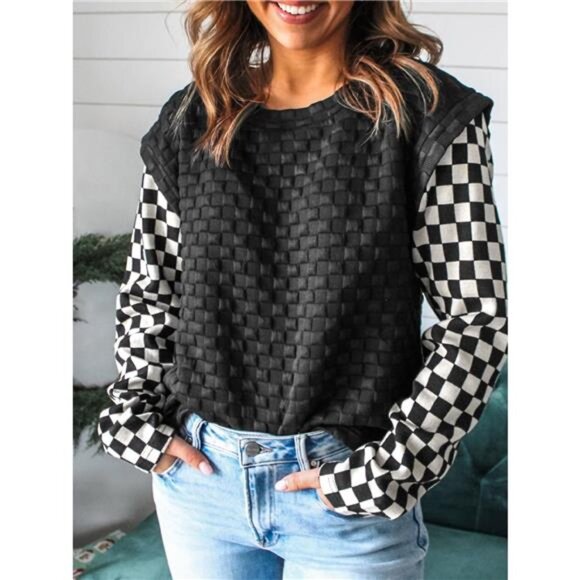 Textured Contrast Checkered Patchwork Long Sleeve Top - Picture 1 of 3